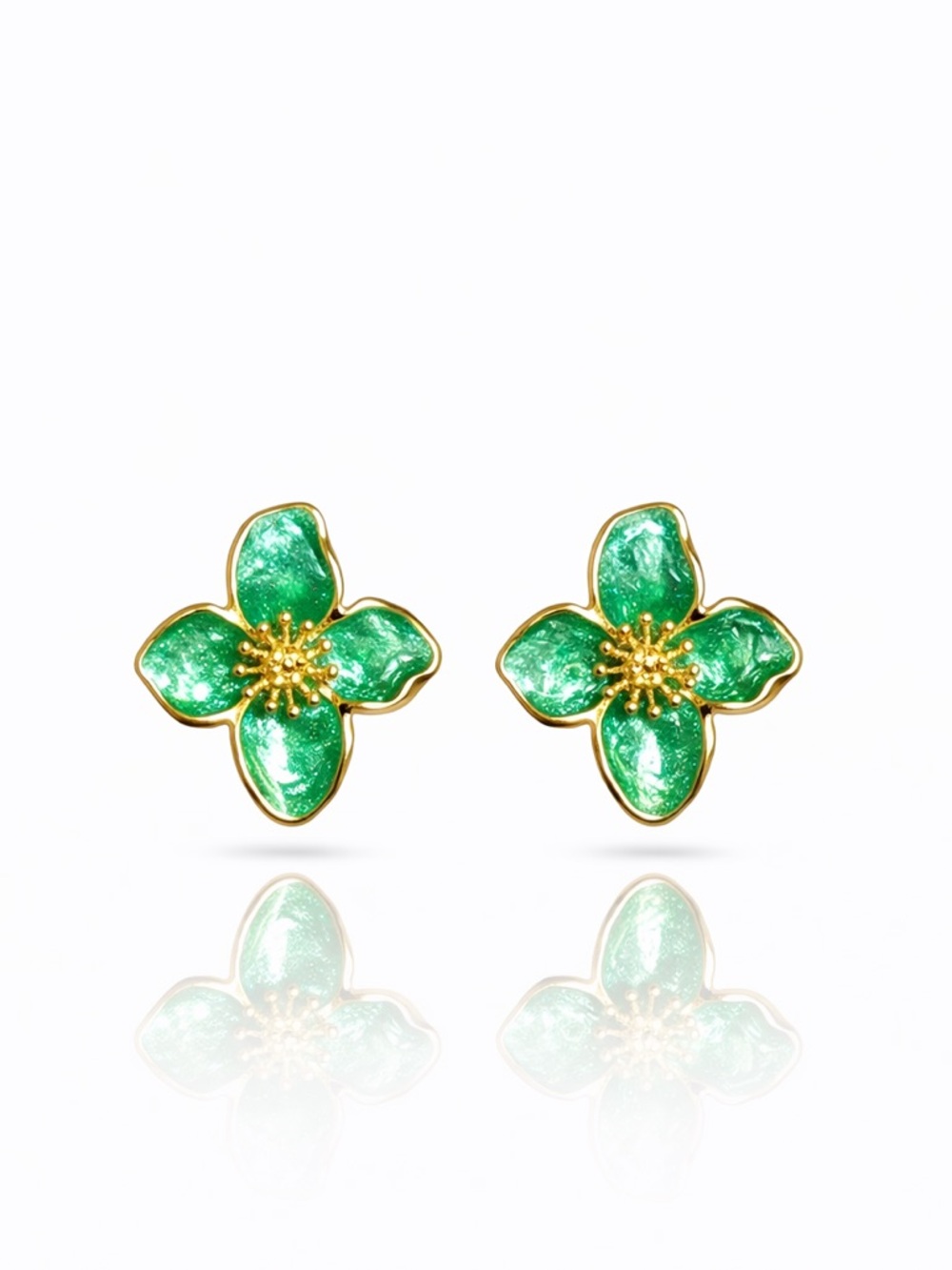 Gold-Tone Green Flower Stud Earrings
